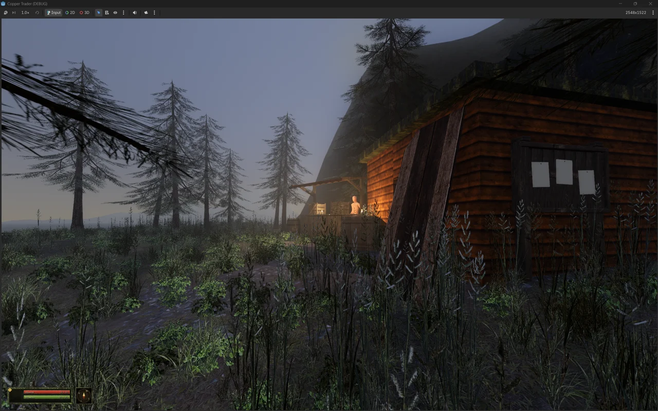 A warmly lit wooden building among misty trees in Copper Trader